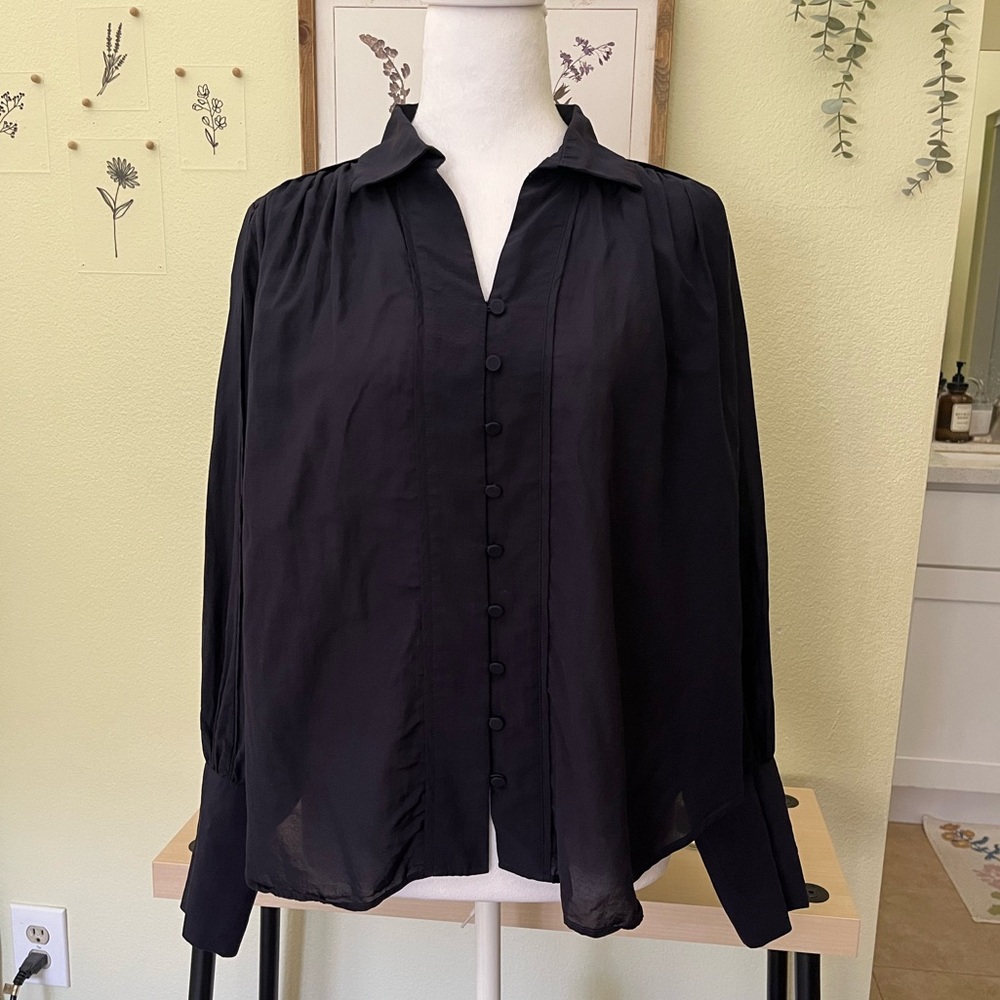 Ann Taylor Navy Pleated Pintuck Blouse Cotton Viscose Blend Long Sleeve
